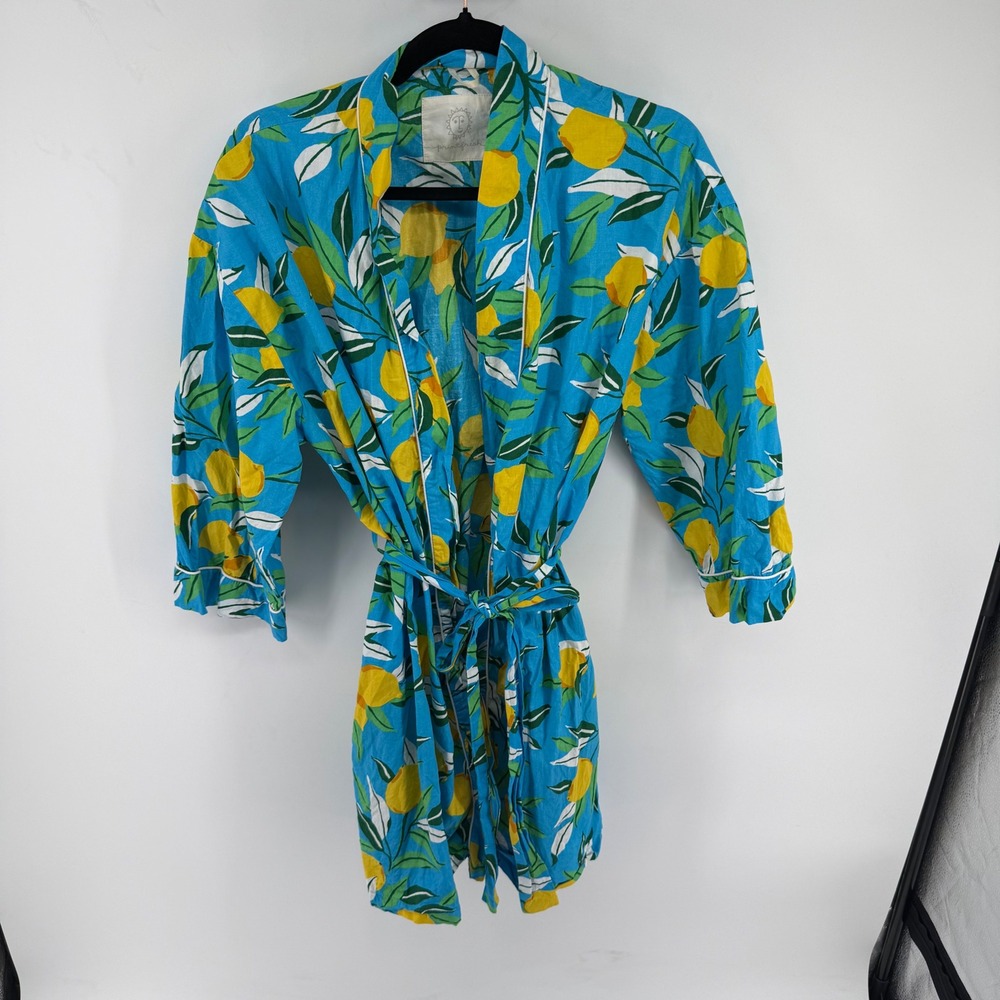 Printfresh Lemon Robe Womens 2X/3X Blue Cotton Short Wrap Belted Fruit Lounge